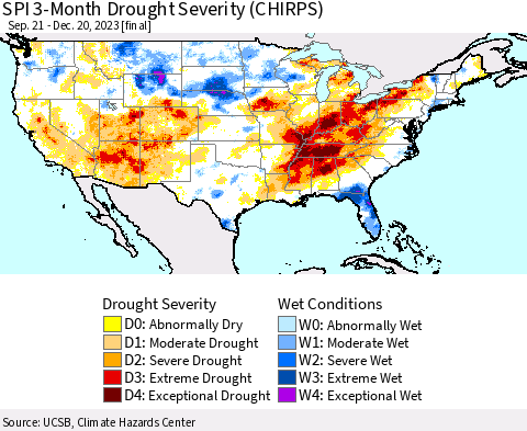 United States SPI 3-Month Drought Severity (CHIRPS) Thematic Map For 9/21/2023 - 12/20/2023