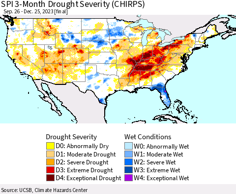 United States SPI 3-Month Drought Severity (CHIRPS) Thematic Map For 9/26/2023 - 12/25/2023