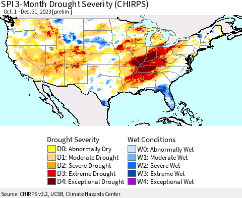 United States SPI 3-Month Drought Severity (CHIRPS) Thematic Map For 10/1/2023 - 12/31/2023