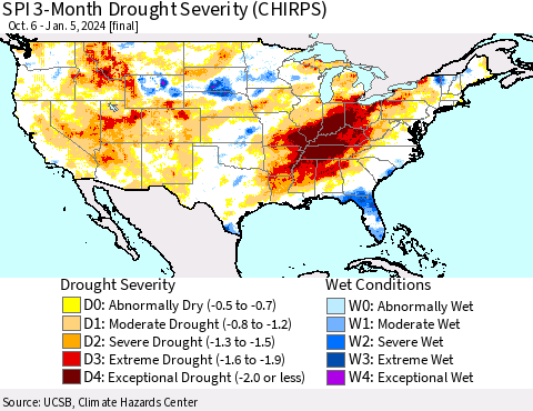 United States SPI 3-Month Drought Severity (CHIRPS) Thematic Map For 10/6/2023 - 1/5/2024