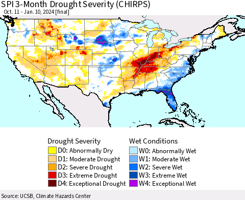 United States SPI 3-Month Drought Severity (CHIRPS) Thematic Map For 10/11/2023 - 1/10/2024