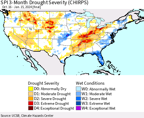 United States SPI 3-Month Drought Severity (CHIRPS) Thematic Map For 10/16/2023 - 1/15/2024