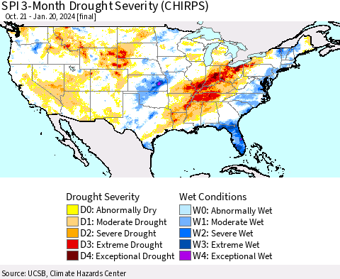 United States SPI 3-Month Drought Severity (CHIRPS) Thematic Map For 10/21/2023 - 1/20/2024