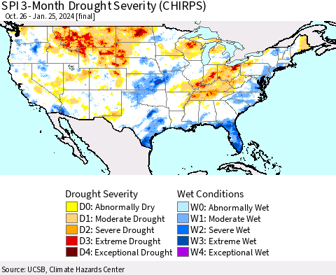 United States SPI 3-Month Drought Severity (CHIRPS) Thematic Map For 10/26/2023 - 1/25/2024