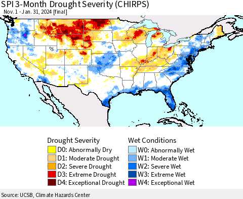 United States SPI 3-Month Drought Severity (CHIRPS) Thematic Map For 11/1/2023 - 1/31/2024
