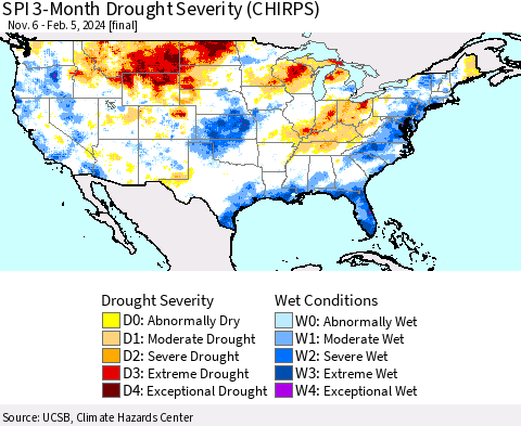 United States SPI 3-Month Drought Severity (CHIRPS) Thematic Map For 11/6/2023 - 2/5/2024