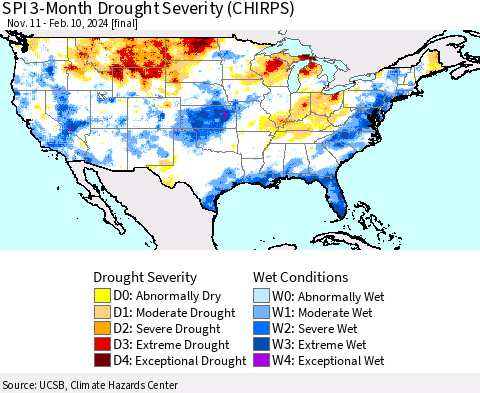 United States SPI 3-Month Drought Severity (CHIRPS) Thematic Map For 11/11/2023 - 2/10/2024