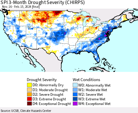 United States SPI 3-Month Drought Severity (CHIRPS) Thematic Map For 11/16/2023 - 2/15/2024