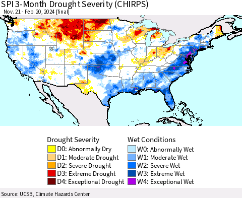 United States SPI 3-Month Drought Severity (CHIRPS) Thematic Map For 11/21/2023 - 2/20/2024
