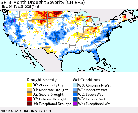 United States SPI 3-Month Drought Severity (CHIRPS) Thematic Map For 11/26/2023 - 2/25/2024