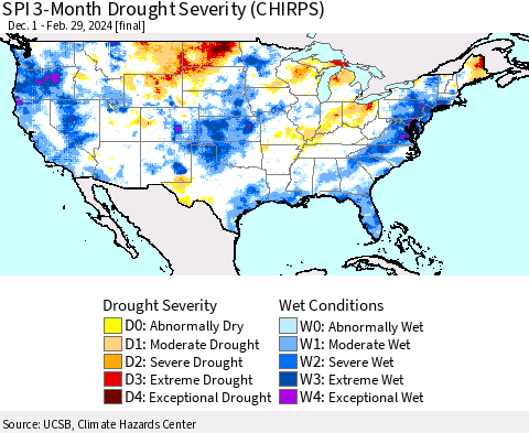 United States SPI 3-Month Drought Severity (CHIRPS) Thematic Map For 12/1/2023 - 2/29/2024
