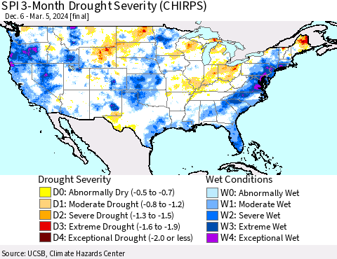 United States SPI 3-Month Drought Severity (CHIRPS) Thematic Map For 12/6/2023 - 3/5/2024
