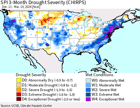 United States SPI 3-Month Drought Severity (CHIRPS) Thematic Map For 12/11/2023 - 3/10/2024