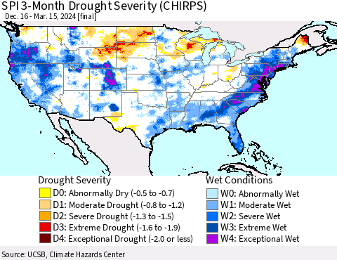 United States SPI 3-Month Drought Severity (CHIRPS) Thematic Map For 12/16/2023 - 3/15/2024