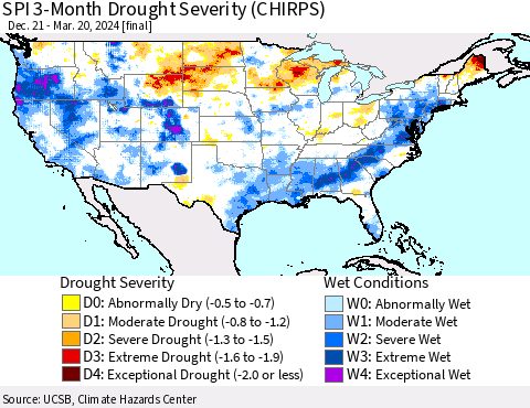 United States SPI 3-Month Drought Severity (CHIRPS) Thematic Map For 12/21/2023 - 3/20/2024