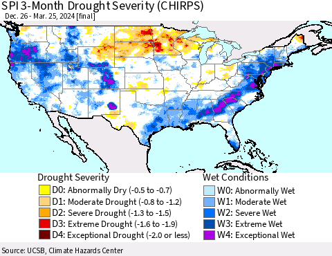 United States SPI 3-Month Drought Severity (CHIRPS) Thematic Map For 12/26/2023 - 3/25/2024