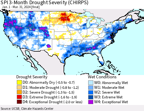 United States SPI 3-Month Drought Severity (CHIRPS) Thematic Map For 1/1/2024 - 3/31/2024
