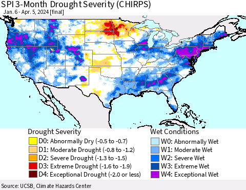 United States SPI 3-Month Drought Severity (CHIRPS) Thematic Map For 1/6/2024 - 4/5/2024