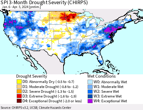 United States SPI 3-Month Drought Severity (CHIRPS) Thematic Map For 1/6/2024 - 4/5/2024