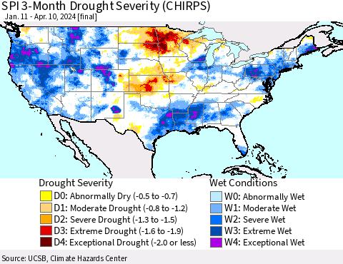 United States SPI 3-Month Drought Severity (CHIRPS) Thematic Map For 1/11/2024 - 4/10/2024