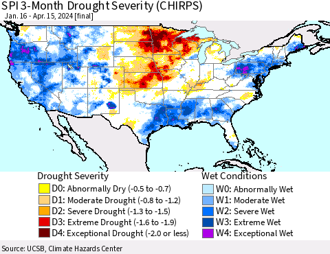 United States SPI 3-Month Drought Severity (CHIRPS) Thematic Map For 1/16/2024 - 4/15/2024