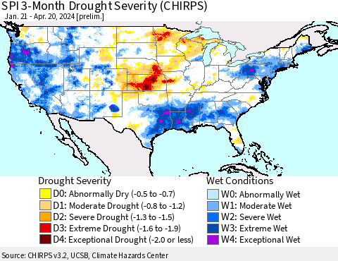 United States SPI 3-Month Drought Severity (CHIRPS) Thematic Map For 1/21/2024 - 4/20/2024