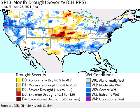 United States SPI 3-Month Drought Severity (CHIRPS) Thematic Map For 1/26/2024 - 4/25/2024
