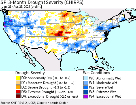 United States SPI 3-Month Drought Severity (CHIRPS) Thematic Map For 1/26/2024 - 4/25/2024