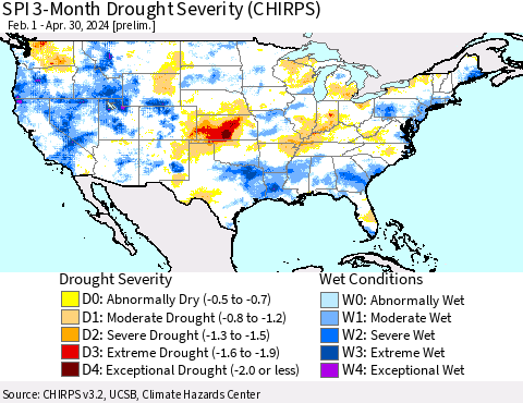 United States SPI 3-Month Drought Severity (CHIRPS) Thematic Map For 2/1/2024 - 4/30/2024