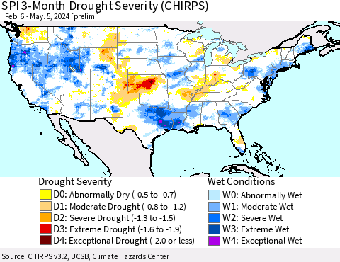 United States SPI 3-Month Drought Severity (CHIRPS) Thematic Map For 2/6/2024 - 5/5/2024