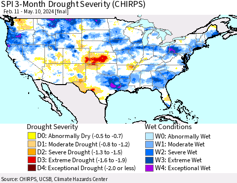 United States SPI 3-Month Drought Severity (CHIRPS) Thematic Map For 2/11/2024 - 5/10/2024