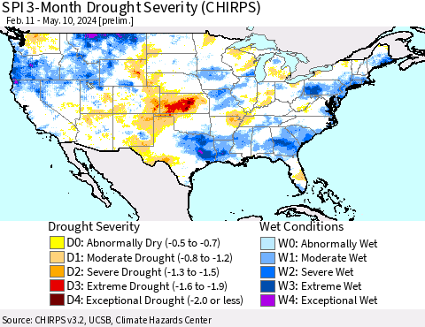 United States SPI 3-Month Drought Severity (CHIRPS) Thematic Map For 2/11/2024 - 5/10/2024
