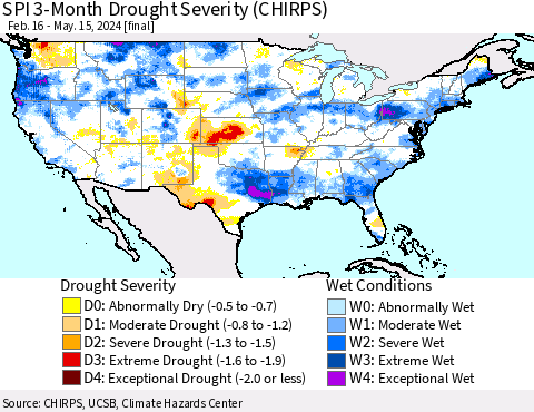 United States SPI 3-Month Drought Severity (CHIRPS) Thematic Map For 2/16/2024 - 5/15/2024