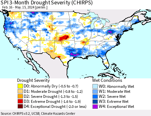 United States SPI 3-Month Drought Severity (CHIRPS) Thematic Map For 2/16/2024 - 5/15/2024
