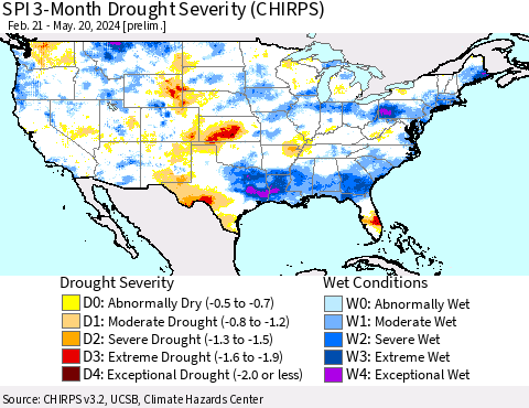 United States SPI 3-Month Drought Severity (CHIRPS) Thematic Map For 2/21/2024 - 5/20/2024