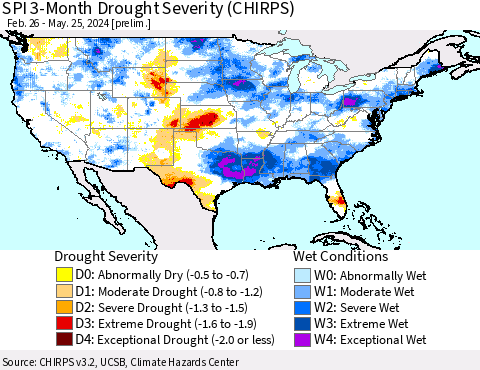 United States SPI 3-Month Drought Severity (CHIRPS) Thematic Map For 2/26/2024 - 5/25/2024