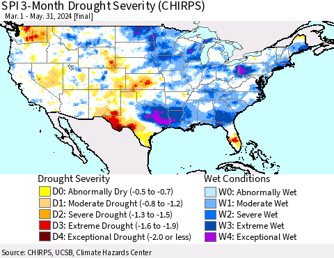 United States SPI 3-Month Drought Severity (CHIRPS) Thematic Map For 3/1/2024 - 5/31/2024