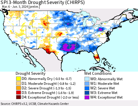 United States SPI 3-Month Drought Severity (CHIRPS) Thematic Map For 3/6/2024 - 6/5/2024