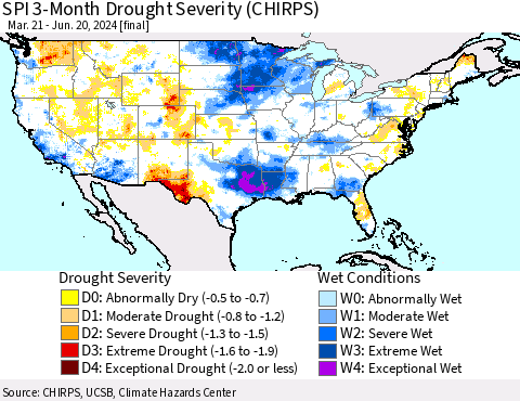 United States SPI 3-Month Drought Severity (CHIRPS) Thematic Map For 3/21/2024 - 6/20/2024