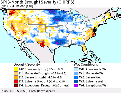 United States SPI 3-Month Drought Severity (CHIRPS) Thematic Map For 4/1/2024 - 6/30/2024