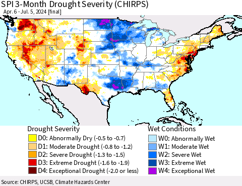 United States SPI 3-Month Drought Severity (CHIRPS) Thematic Map For 4/6/2024 - 7/5/2024