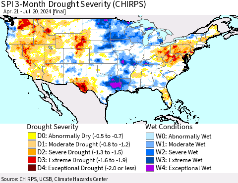 United States SPI 3-Month Drought Severity (CHIRPS) Thematic Map For 4/21/2024 - 7/20/2024