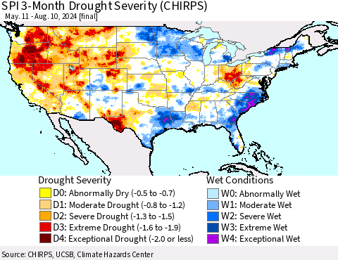 United States SPI 3-Month Drought Severity (CHIRPS) Thematic Map For 5/11/2024 - 8/10/2024