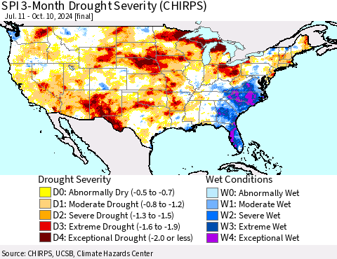 United States SPI 3-Month Drought Severity (CHIRPS) Thematic Map For 7/11/2024 - 10/10/2024