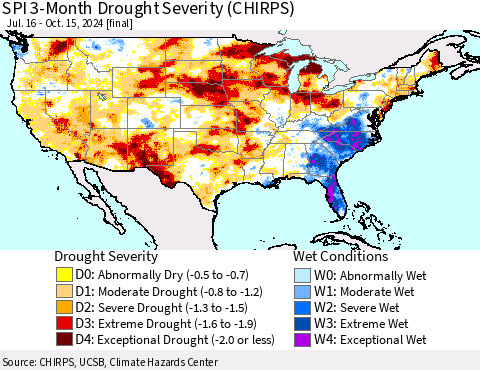 United States SPI 3-Month Drought Severity (CHIRPS) Thematic Map For 7/16/2024 - 10/15/2024