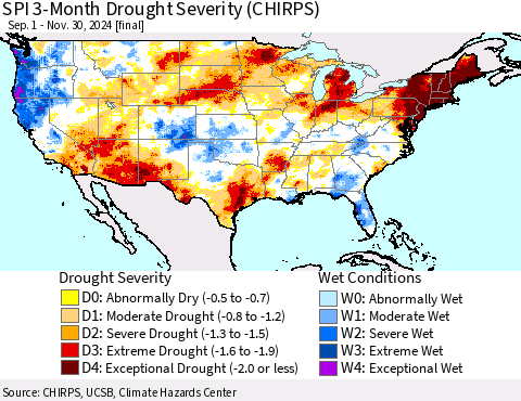 United States SPI 3-Month Drought Severity (CHIRPS) Thematic Map For 9/1/2024 - 11/30/2024