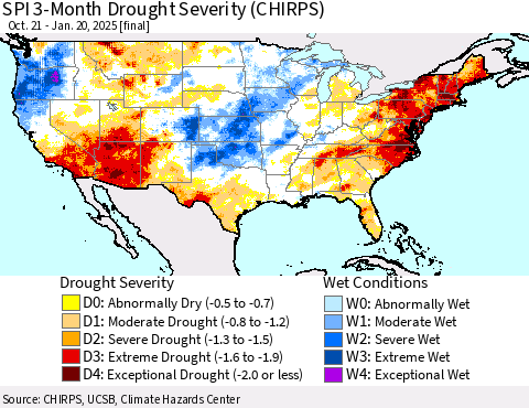 United States SPI 3-Month Drought Severity (CHIRPS) Thematic Map For 10/21/2024 - 1/20/2025