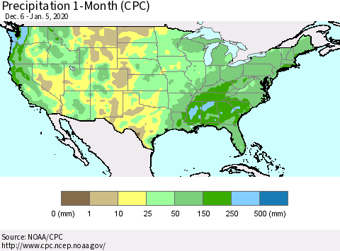 United States Precipitation 1-Month (CPC) Thematic Map For 12/6/2019 - 1/5/2020