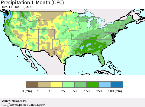 United States Precipitation 1-Month (CPC) Thematic Map For 12/11/2019 - 1/10/2020