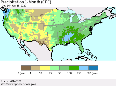 United States Precipitation 1-Month (CPC) Thematic Map For 12/16/2019 - 1/15/2020